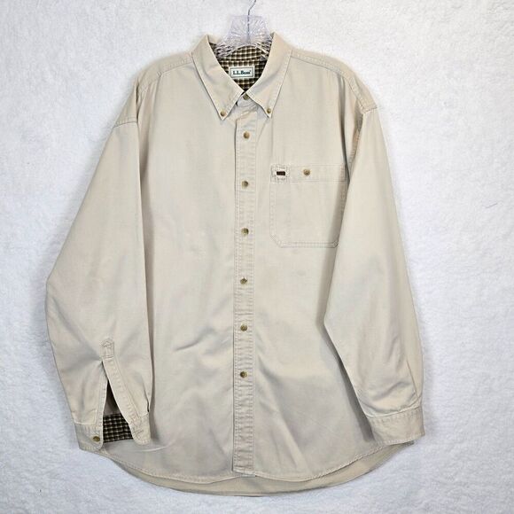 LL Bean Mens Khaki Button up Shirt Sz LG Work Wear - Picture 1 of 10